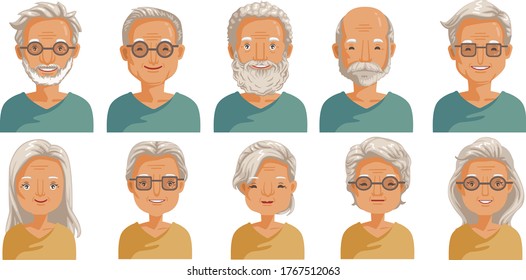 Elderly face set. Elderly  head and hairstyles character creation. Eye, mouth, nose, eyebrows, glasses and hairstyles. The old femail and male smiling face. vector