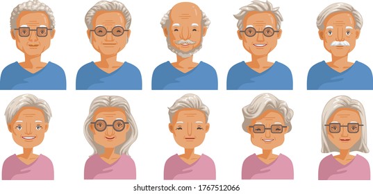 Elderly Face Set. Elderly  Head And Hairstyles Character Creation. Eye, Mouth, Nose, Eyebrows, Glasses And Hairstyles. The Old Femail And Male Smiling Face. Vector