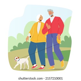 Elderly Family Couple Enjoying Outdoor Promenade With Pet. Smiling Characters Walking With Dog at Park. Happy Mature Man and Woman Talking, Spending Time Together. Cartoon People Vector Illustration