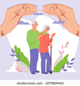 Elderly family couple standing together under huge protective hand palms, flat vector illustration. Family insurance, life safety and medical care guarantee for senior elderly people.