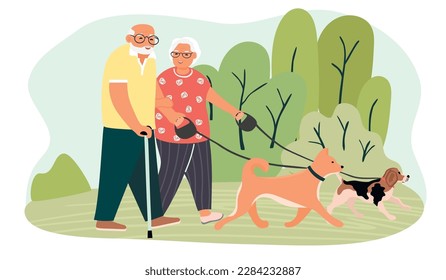 Elderly family couple walking their dogs in summer. Happy smiling characters having fun together. Man and woman and their pets spend time in the park.Vector flat illustration on white background.