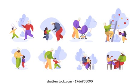 Elderly family. Grandmother and grandfather playing with grandchildren funny kids walking with family garish vector illustrations