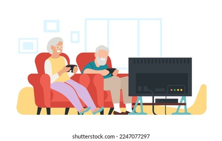 Elderly family playing video games on TV console. Grandma and grandpa relax together at home. Mature people sitting on sofa. Grandparents with video gaming joysticks