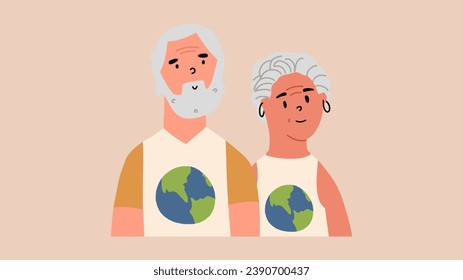 Elderly Family in T-shirts with the planet. The concept of responsibility, care, love for the Earth. Vector illustration in hand drawing style