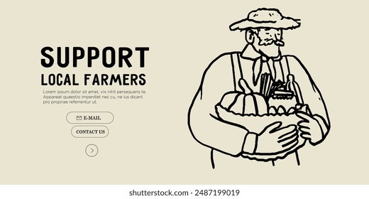 Elderly farm worker, farmer hold basket and sell fruits and vegetables from garden at local market. Hand drawn charcoal chalk ink vector illustration. Farming, agriculture organic production concept.