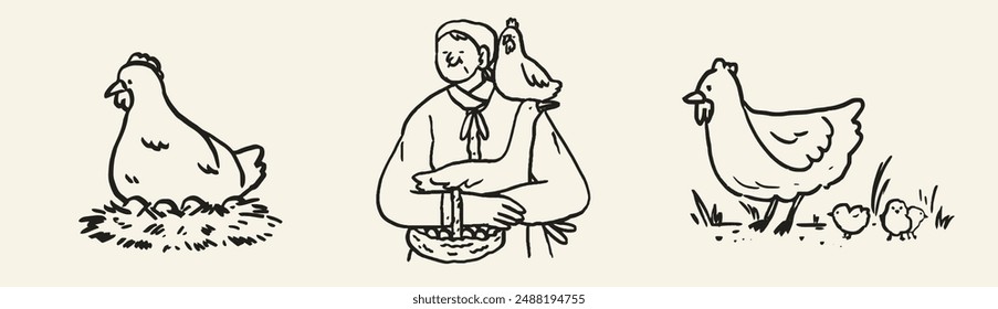 Elderly farmer feeding hen and goose concept. Granny with chicken and basket with eggs. Countryside agriculture, farmer eco products. Charcoal ink chalk crayon vector illustration. Eat local concept.