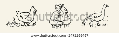 Elderly farmer feeding hen and goose concept. Granny with chicken and basket with eggs. Countryside agriculture, farmer eco products. Charcoal ink chalk crayon vector illustration. Eat local concept.
