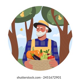 Elderly farmer holding a basket of fresh vegetables, cartoon style, outdoor background, concept of agriculture. Flat vector illustration