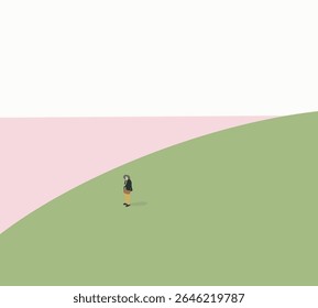 Elderly fashion stylist walking on modern public park paint in pastel color. Retirement lifestyle. Minimal art.