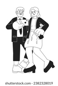 Elderly fashionable couple taking selfie black and white 2D cartoon characters. Seniors taking picture phone isolated vector outline people. Grandparents happy monochromatic flat spot illustration
