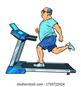 an elderly fat man treadmill, sports equipment for training. fitness room. Pop art retro vector illustration vitch vintage 50s 60s style