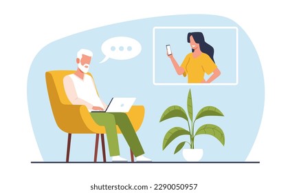 Elderly father communicates with his daughter via laptop. Online communication, video call, older generation mastering technologies cartoon flat style isolated illustration. Vector concept