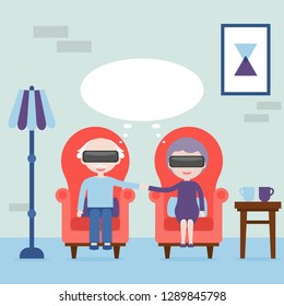 The elderly feel young in virtual reality. Grandmother and grandfather with virtual reality headset at home in the armchair. Virtual reality concept. Vector illustration.