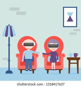The elderly feel young in virtual reality. Grandmother and grandfather with virtual reality headset at home in the armchair. Virtual reality concept. Vector illustration.
