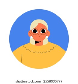 Elderly Female Avatar In Glasses And Yellow Sweater In Flat Vector Illustration Symbolizing Grace And Maturity, Isolated On White Background