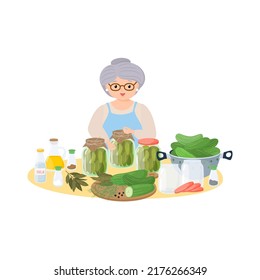 Elderly Female Blogger Character Prepare Pickled Cucumbers With Spices in a Jar. Canned Natural Healthy Products Vector Illustration.