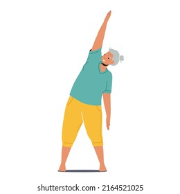 Elderly Female Character Practice, Aerobics, Yoga or Fitness. Old Woman in Sports Wear Standing in Pose with Raised Arm. Healthy Lifestyle, Pilates Sport Workout. Cartoon People Vector Illustration