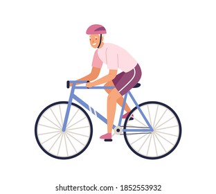 Elderly female character riding bicycle in sportswear. Happy sportswoman cycling isolated on white. Healthy and active lifestyle scene. Vector illustration in flat cartoon style