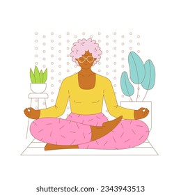Elderly female character sitting on the floor in meditation pose. Flat outlined colorful vector illustration.