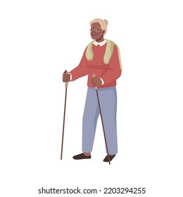 Elderly female character with sticks practicing Nordic walking exercises for improving health and staying active. Senior woman personage. Vector in flat cartoon style