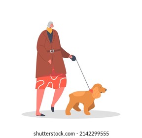 Elderly Female Character Walking with Dog at Park Isolated on White Background. Mature Woman Spending Time Together with Funny Spaniel, Outdoor Promenade with Pet. Cartoon People Vector Illustration