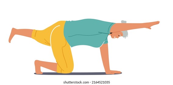 Elderly Female Character Yoga, Stretching, Pilates Practice. Isolated Senior Woman Fitness, Sport Exercises and Healthy Lifestyle, Grandmother Doing Gymnastics. Cartoon People Vector Illustration