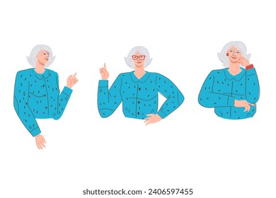 Elderly female characters set, flat vector illustration isolated on white background. Grandmothers and older women characters with various face expression.
