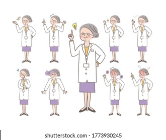 Elderly female doctor facial expression set