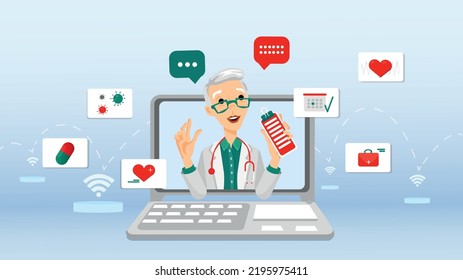 An elderly female doctor providing telemedicine services. Health services that can be provided online with the developing technology every day. Health app and quick solution method against mild diseas