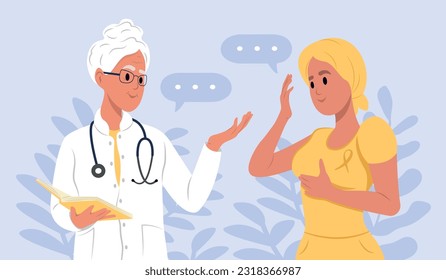 Elderly female doctor talking to cancer patient woman in headscarf . Yellow awareness ribbon. Awareness of the about Adenosarcoma, bladder cancer, bone cancer, endometriosis, sarcoma.