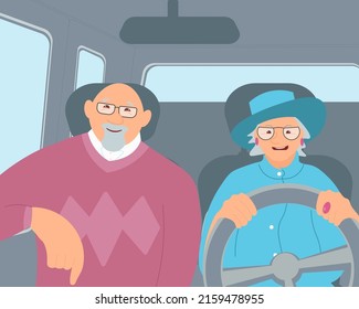 Elderly female driver and senior passenger character inside a car. Collection of driving routines. Flat Art Vector Illustration