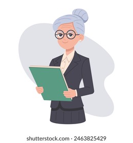 An elderly female executive in a leadership position. Vector illustration.