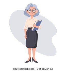 An elderly female executive in a leadership position. Vector illustration.