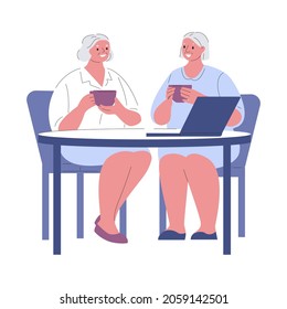 Elderly female friends with a laptop at the table. Vector illustration in a flat style.
