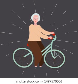 Elderly female on a bicycle. Elderly people healthy lifestyle concept. Flat cartoon style. Vector illustration.