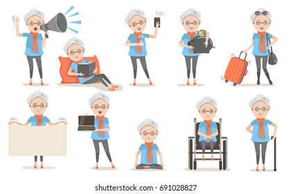 Elderly female poses And emotion in casual clothes in different . Speak  amplifier, Sleeping, read, Selfie, finger up, piggy bank, Travel luggage, holding signs,Computers,Yoga,Wheelchair,Walking stick