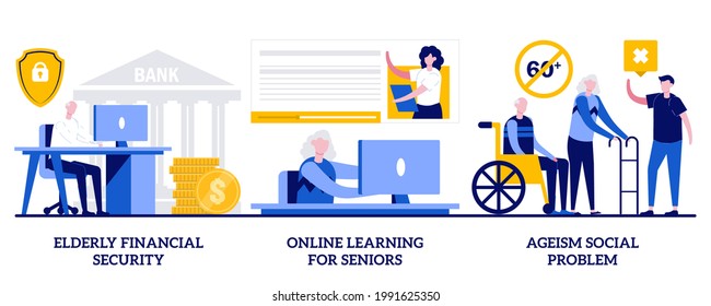 Elderly financial security, online learning for seniors, ageism social problem concept with tiny people. Older people lifestyle vector illustration set. Budget planning, free online program metaphor.