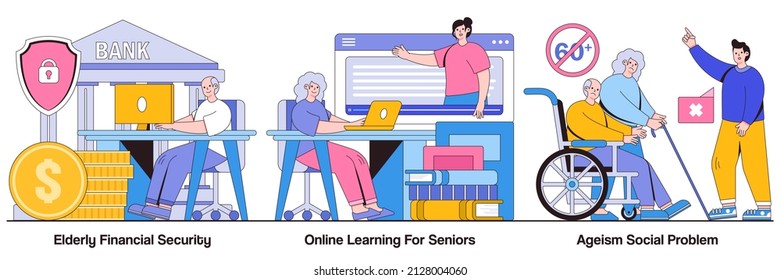 Elderly financial security, online learning for seniors, ageism social problem concept with people characters. Older people lifestyle illustration pack. Budget planning, free online program metaphor.