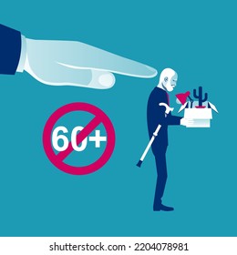 Elderly fired. Dismissed elderly. Fire old man. Dismissal of a pensioner. Age discrimination. Retirement. Job loss due to age. Vector illustration flat design. Isolated on white background.