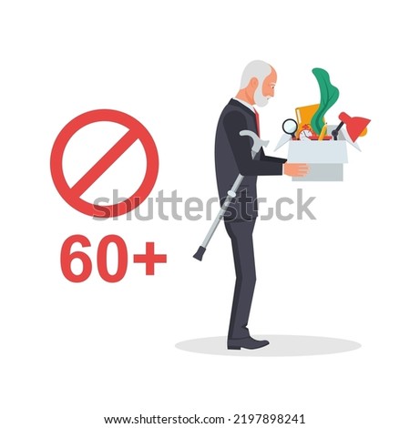 Elderly fired. Dismissed elderly. Fire old man. Dismissal of a pensioner. Age discrimination. Retirement. Job loss due to age. Vector illustration flat design. Isolated on white background.