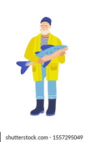 Dibujo vectorial plano del pescador anciano. Hombre grisáceo con peces grandes. Viejo personaje de caricatura de pescador. Angler agarrando pescado, hombre de edad, aislado en fondo blanco.