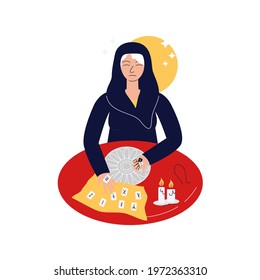 Elderly fortune teller with runes and Futhark circle, candles and pouch. Old mystic woman oracle holding dices, seeing and predicting future. Vector trendy flat cartoon linear illustration isolated