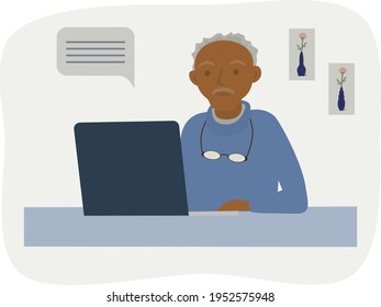 Elderly freelancer using laptop. Freelance work for everyone concept. Old man working or studying at home. Online communication. Isolated vector illustration