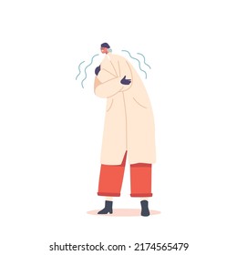 Elderly Freezing Female Character Wrapped in Warm Winter Clothes, Hat and Gloves Shivering due to Low Minus Degrees Temperature. Cold Weather, Freeze, Frosty Weather. Cartoon Vector Illustration