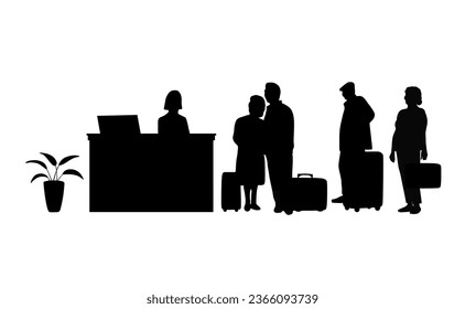 “SHOTLISTtravel”. A elderly friends check in or check out at the hotel reception. Elderly friends, receptionist, seniors with suitcase, tourist.