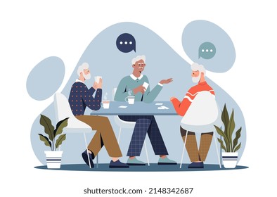 Elderly Friends Concept. Grandfathers Sit At Table In Cafes Or Restaurants And Socialize. Hot Drinks, Coffee Or Tea. Friends Discuss News, Gossips And Rumors. Cartoon Flat Vector Illustration