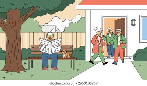 Amigos idosos se reúnem para uma tarde agradável juntos desfrutando de atividades ao ar livre e conversa