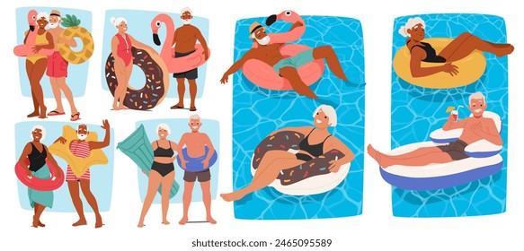 Elderly Friends Have Fun In A Swimming Pool Flaunting Inflatable Tubes, Rings and Floats, Old Carefree People Smile, Joy And Relax Under The Sunny Leisure Day with Poolside Activities , Vector Set