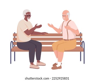 Elderly friends having conversation on bench semi flat color vector characters. Editable figures. Full body people on white. Simple cartoon style illustration for web graphic design and animation