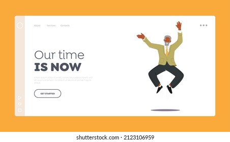 Elderly Fun, Success Landing Page Template. Adult Bearded Man in Casual Clothes Jumping. Happy Senior Male Character Wearing Green Jacket and Black Pants Rejoice. Cartoon People Vector Illustration